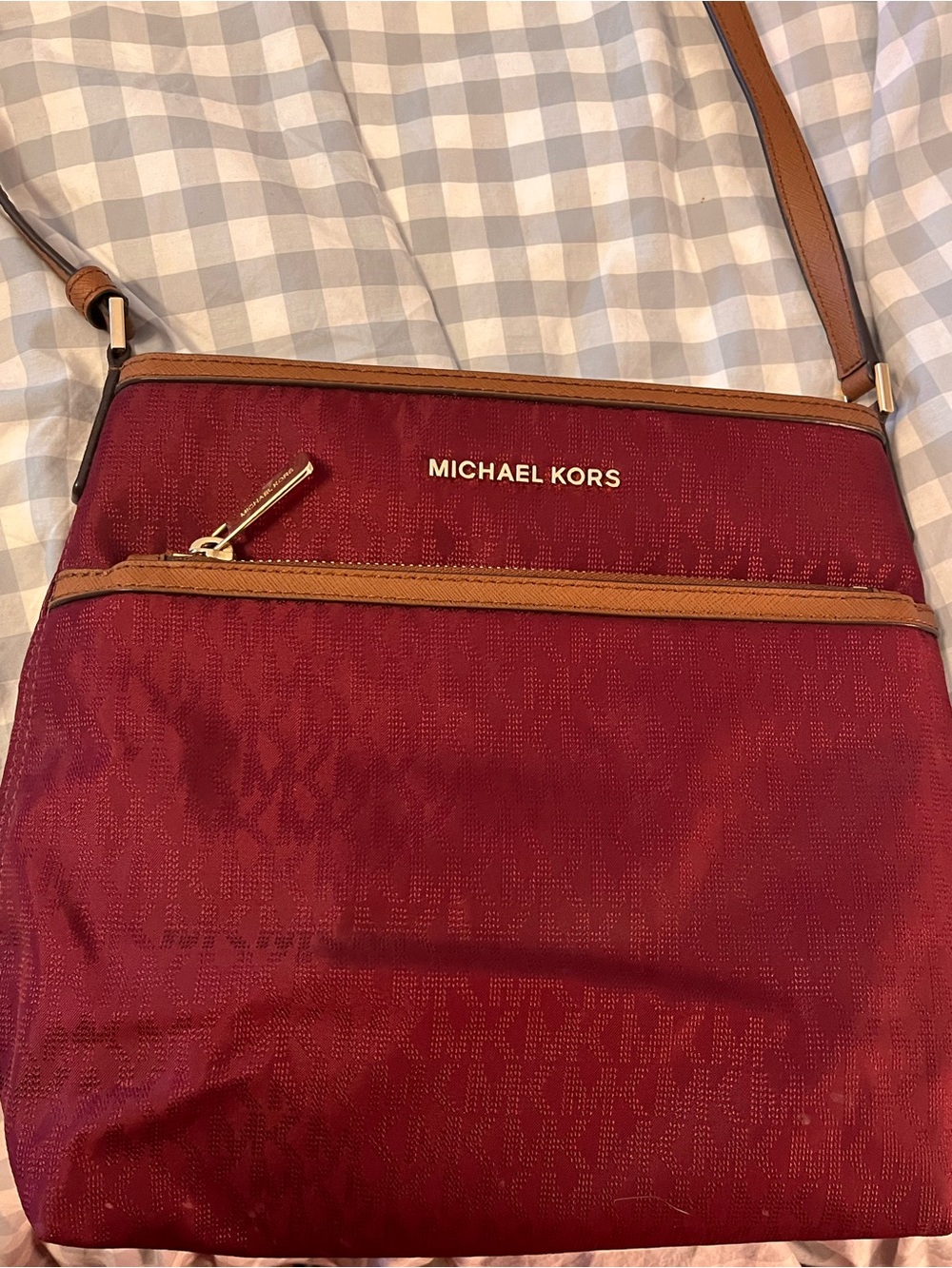 Michael Kors Burgundy Crossbody with Tan Adjustable Strap